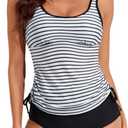 Aleumdr Womens Blouson Tankini Swimsuits Athletic Two Piece Strappy Tummy Control Bathing Suits with Bottoms (Medium, Black Stripe)