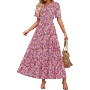 ZESICA Women's 2026 Summer Spring Floral Boho Maxi Dresses Casual Short Sleeve V Neck A Line Flowy Beach Vacation Dress (Pink)