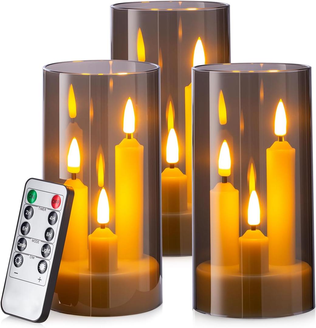 Hausware 3-in-1 Flameless LED Taper Candles with Remote  Battery Operated, Realistic & Portable Candles Set,3-Pack,Durable Indoor/Outdoor Decor (Gray)