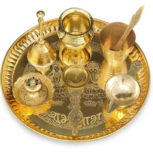 NOBILITY Puja Thali Set Brass Pooja Thali Set 8 Inch with Pital Plate Glass Kalash Spoon Ghanti Bowl Agarbatti Stand Kuber Diya Daily Pooja items for Diwali Home Mandir Office Wedding Return Gift Item