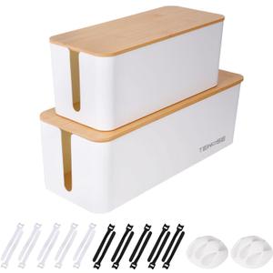 2 Pack Cable Management Box  Child and Pet-Proof Cord Organizer with Bamboo-Style Design, Large Capacity Cable Cover for Hiding TV Wires, Computer Cables, Power Strips,and USB Hubs, White