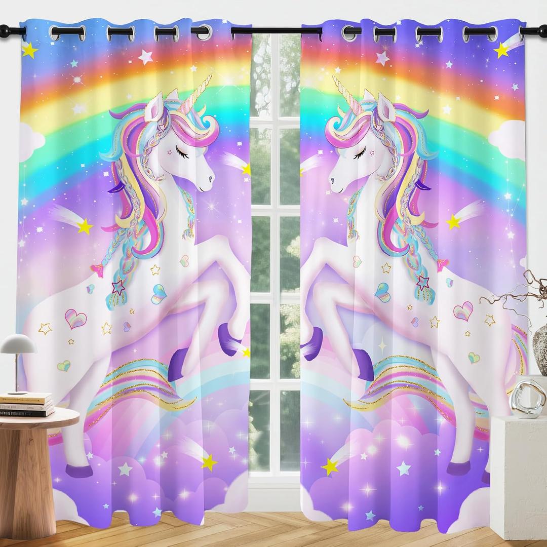 Unicorn Curtains for Living Room, Cute Cartoon Blackout Curtain for Girls Bedroom, Magic Rainbow Sheer Curtains 84 Inches Long 2 Panels Set, Pink Purple Kids Window Treatment for Dining Room