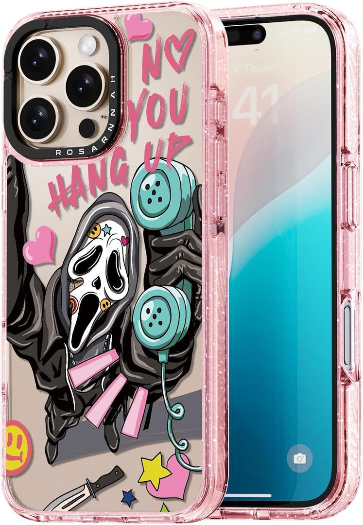 Compatible for iPhone 16 Pro Case Cute - Durable Shockproof 6.6 ft Drop Impact Phone Case - Glitter Pink Funny Skeleton Design for iPhone 16 Pro 6.3"