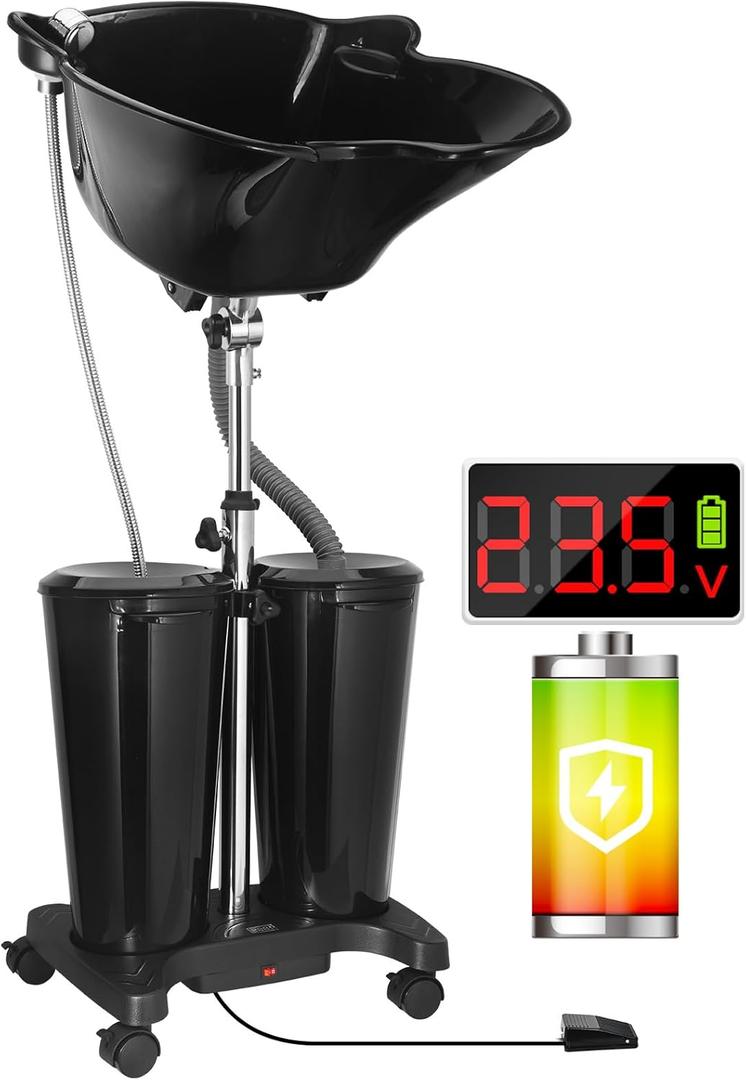 Rechargeable Portable Shampoo Bowl with Charger & Electric Pump, Portable Hair Washing Station with 2 Bucket and Drain Hoses, Basin Height Adjustable Portable Salon Sink for Home Salon Use