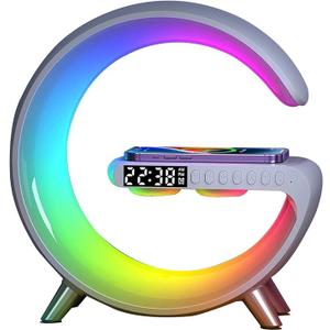 BKDRL Bluetooth Speaker Lamp with Wireless Charger, RGB Night Light, Alarm Clock, App Control  White