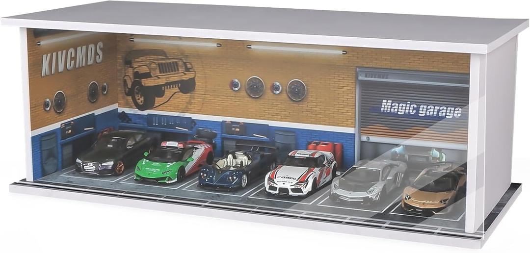1:64 Scale Car Model Display Case for Hot Wheels,Matchbox Cars,Parking lot with Lights(Repair Store Scene Contains 6 Parking Spaces)