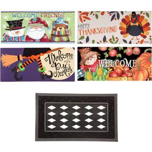 Evergreen Sassafras Fall Christmas Holiday Doormat Insert Bundle & Tray Set of 5, Interchangeable Entrance Door mats Indoor and Outdoor Welcome Mat 30 x 18 Tray Non Slip Backing Low Profile