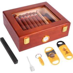 Desktop Cigar Humidor Box, Glass Top Cigar humidor with Hygrometer, Humidifier, Spanish Cedar Humidor with Cigar Cutters and Punch, Wooden Cigar Box Holds 20-30 Cigars, Humidor Cigar Box for Men Gifts