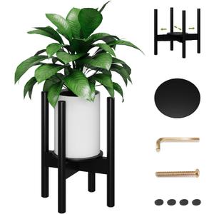 Adjustable Bamboo Plant Stand Indoor with Tray, Wood Plant Stand for 8 to 12 inches Flower Pots, Single Mid Century Modern Plant Holder for Indoor, Black