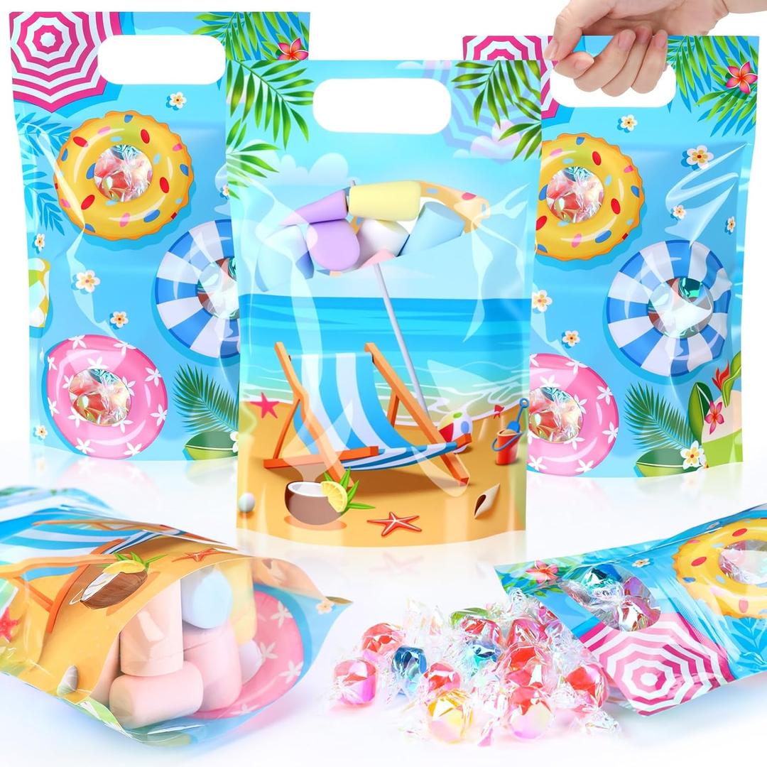 Fuutreo 50 Pcs End of Year Bags Schools out for Summer Bags with Handles Clear Resealable Beach Birthday Plastic Pouches for Summer Pool Beach Birthday Party Candy Gift Wrap Supplies Decoration (Pool)