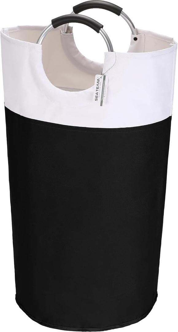 Sea Team 90L Large Size Collapsible Laundry Hamper, Waterproof Laundry Basket with Foam Padded Aluminum Handles, Portable Storage Basket for Laundromat Home Storage, Black