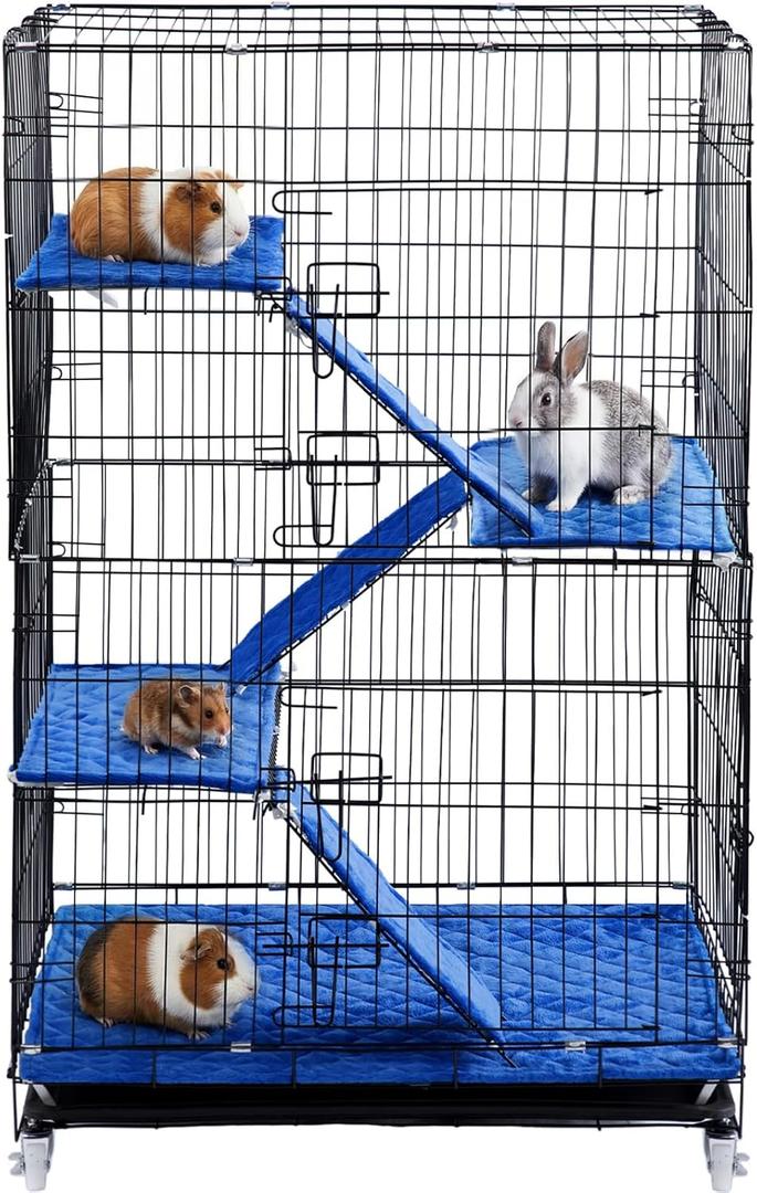 63" H 4-Tiers Large Ferret Cage with 7 Pcs Ferret Cage Liner, Chinchilla Crate Indoor Large Pet Crate with Wheels, Small Animal Cages with Ramp, Hideout, Pull Out Tray, for Rat Hamster, Hedgehog