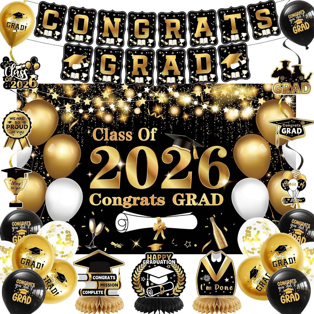 DARUNAXY Black Gold Graduation Party Decorations, Gold Class of 2026 Graduation Banner, 2026 Congrats Grad Honeycomb Hanging Swirl Confetti Balloon Congratulations Graduates Party Supplies(25PC)