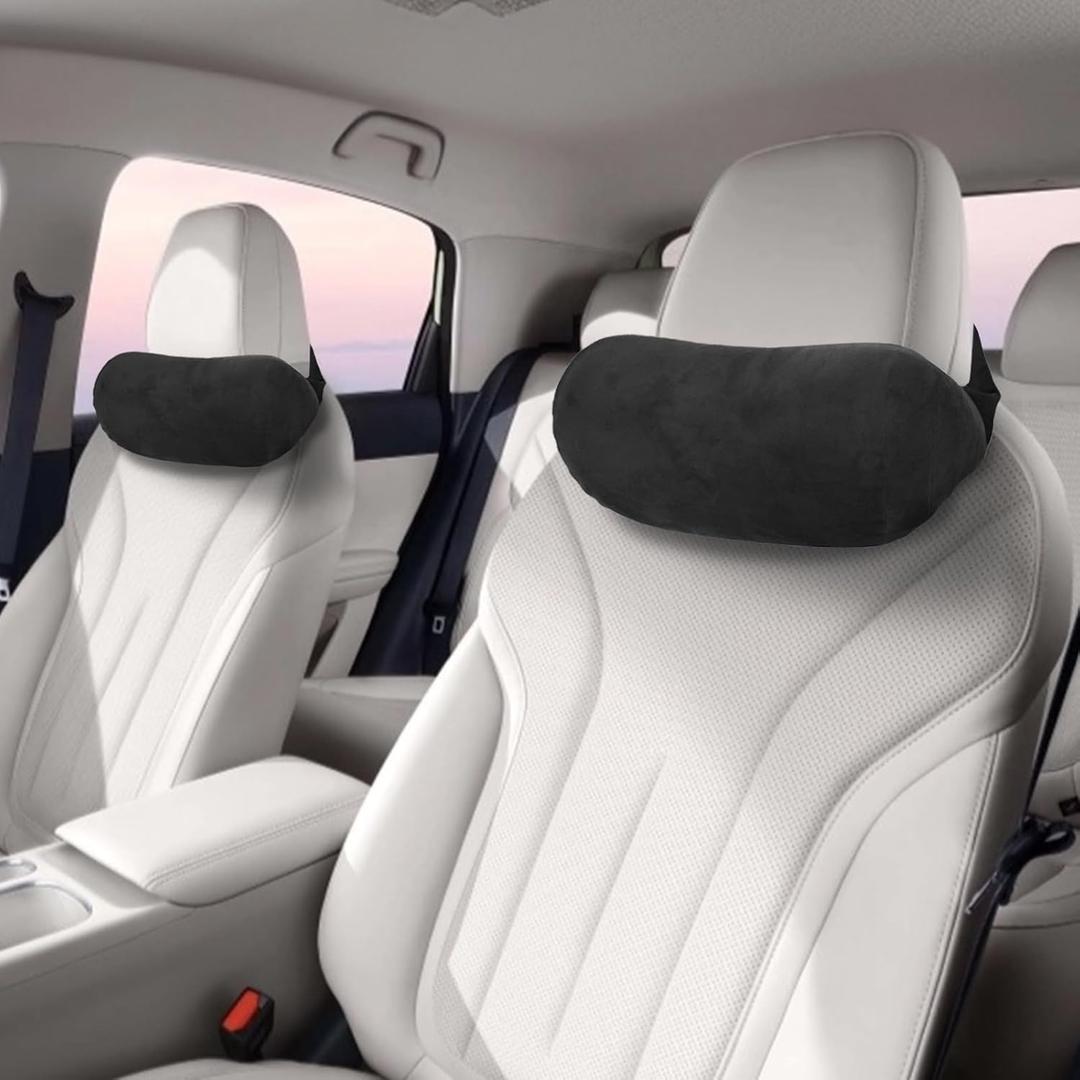 fewfume 2 Pack - Car Head Rest Pillow for Neck Support, Black Suede Memory Foam Car Neck Pillow - Breathable & Sweat-Absorbing Headrest Pillow for Driving Comfort, Universal Fit for Tesla & All Cars