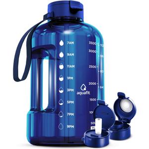 AQUAFIT Sports Motivational Water Bottle With Times To Drink , Straw, Time Marker for Gym- 128 oz - Large - Jug 1 Gallon (128 Ounces, Blue)