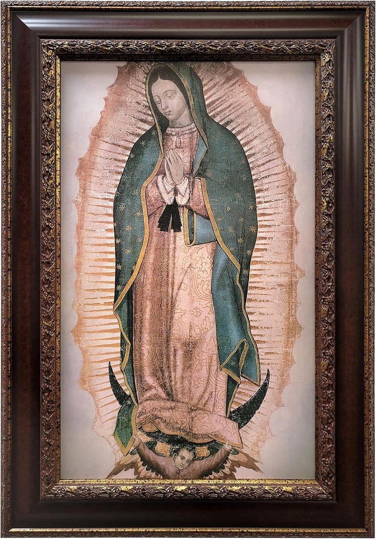Moms Art Studio - Virgen de Guadalupe Wall Decor 37.5 X 26 Inches, Virgin Mary Print, Museum Look Art Frame, Artists Acrylic Coating, Wall Art for Home Decor (Small, Brown Gold)