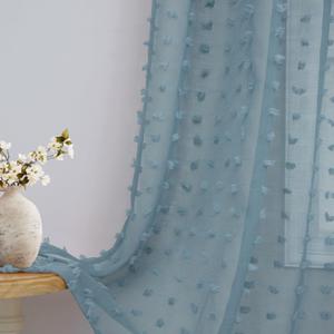 DANCURTON Sheer Blue Curtains 96 Inches Long for Living Room 2 Panels Back Tab Rod Pocket Pom Pom Tufted Boho Farmhouse Semi Sheer Window Curtain for Childrens Bedroom Nursery Dusty Stone Blue 52x96