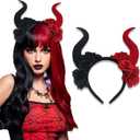 Devil Horns Headband Flower Rose Red Black Hair Hoop Gothic Devil Halloween Party Women Dress Up Masquerade Decorations Accessories