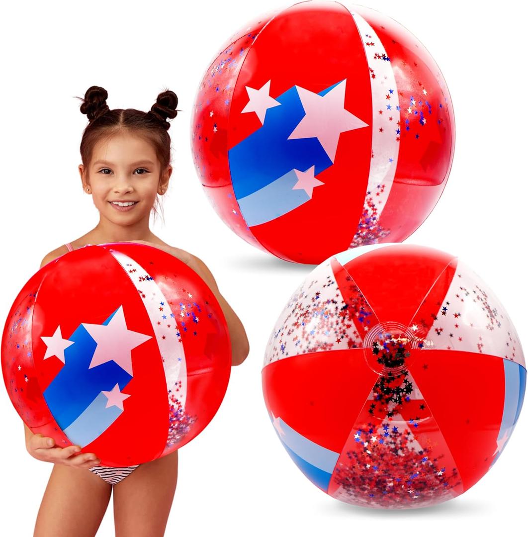 4E's Novelty 22" Patriotic Beach Balls - 2 Pack with Glitter Inside, Red White Blue Beach Balls for Kids & Adult, 4th of July Party Decorations, Patriotic Pool Floats Toys Games