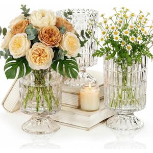 Goaste 3 Pack Embossed Big Base Vase, 7" Crystal Glass Vase, Hydroponic Green Plant Vases, Transparent Flower Vases with Ribbed Pattern for Wedding, Dining Table Centerpieces, Home Decor, Office