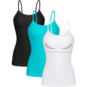 ATTRACO Women 3 Pack Cotton Camisoles wtih Shelf Bra Adjustable Spaghetti Strap Tank Tops (Small, #3 White/Black/Turquoise) ATTRACO Women 3 Pack Cotton Camisoles wtih Shelf Bra Adjustable Spaghetti Strap Tank Tops (Small, #3 White/Black/Turquoise)