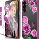 2 x for Samsung Galaxy A15 5G Case（6.5 inch） with Tempered Glass Screen ProtectorSlim TPU & Hard PC Crystal Clear Cover, Elegant Floral Pattern Design for Girls Women(Galaxy A15-Rose/Purple