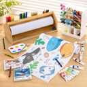 Wooden Tabletop Paper Roll Dispenser for Kids, Paper Roll Holder with Safe Sliding Cutter, Drawing Scroll and Art Supplies Set for Classroom Preschool