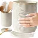 Swkien Utensil Holder, 7.2" Kitchen Utensil Holder for Counter, 2-in-1 Ceramic Cooking Utensils Holders with Spoon Rest, Utensil Crock for Spatula, Ideal Housewarming Gift (Beige)