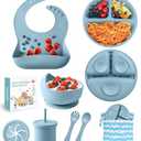 Silicone Baby Feeding Set, 10 Pcs Baby Led Weaning Supplies Baby Eating Essentials Set with Suction Bowl Divided Plate Adjustable Bib Soft Spoon Fork Cup with Lid Drinking Cup, Travel Bag (Blue)