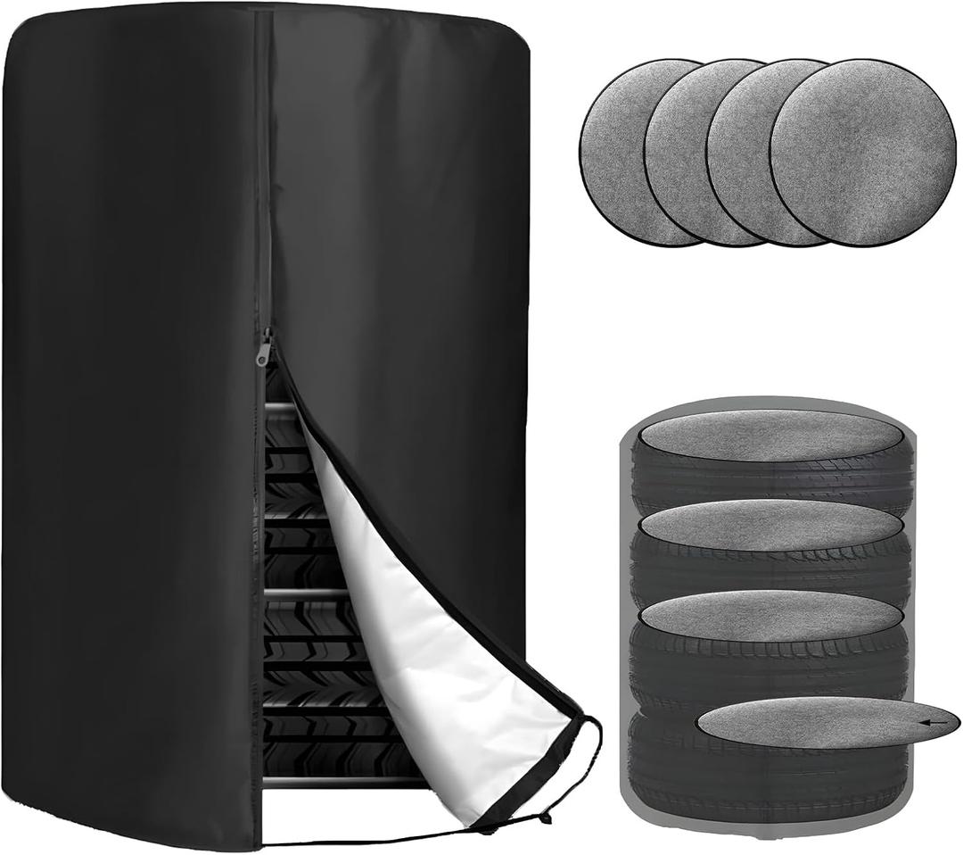 Tire Cover with 4 Felt Pads, Waterproof 420D Oxford Spare Tire Storage Bag with Zipper, Heavy Duty Tyre Stack Dust Protective Cover for Trucks SUVs Trailers, Car Accessories L