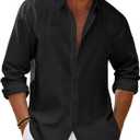 Runcati Mens Button Down Shirt Cotton Linen Casual Long Sleeve Shirts Collared Hippie Beach Tops (Large, Black)