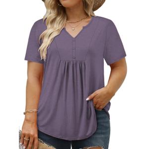 VISLILY 2Xl Womens Tops Plus Size Summer Pleated V Neck Button Up Short Sleeve Henley T Shirts Rose Red (XXL)