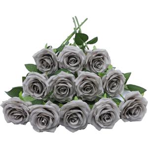 12pcs Artificial Rose Flower Grey Rose Flowers with Long Stem Silk Roses Bouquet for Wedding Bridal Shower Party Home Decoration