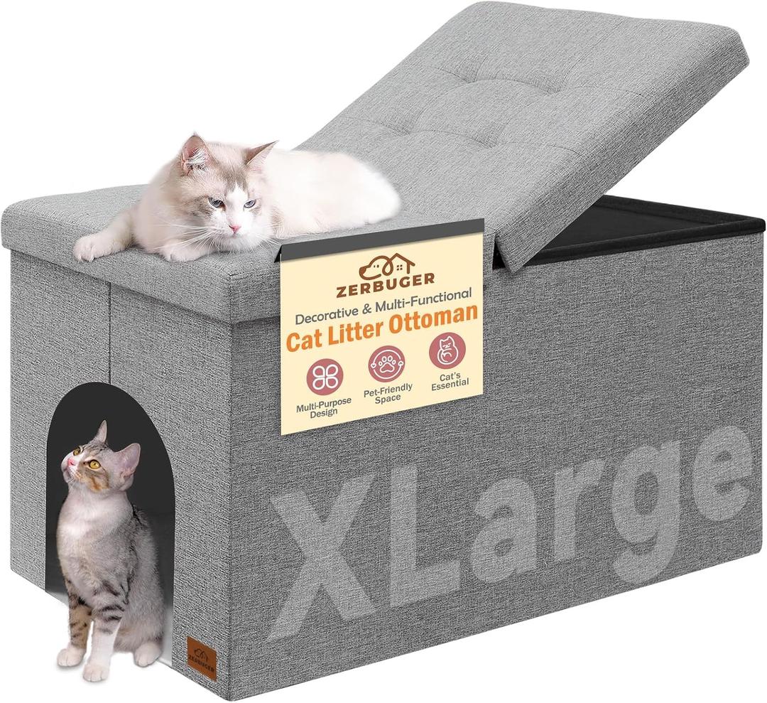 Zerbuger Cat Litter Box Enclosure Furniture for Odor Control, Hidden Cabinet Cats Litter Ottoman with Flip-Up Lid,Cat Litter Box Bench with Storage Space, Dog Proof (Light Grey, X-Large), 30"L x 20"W x 20"H