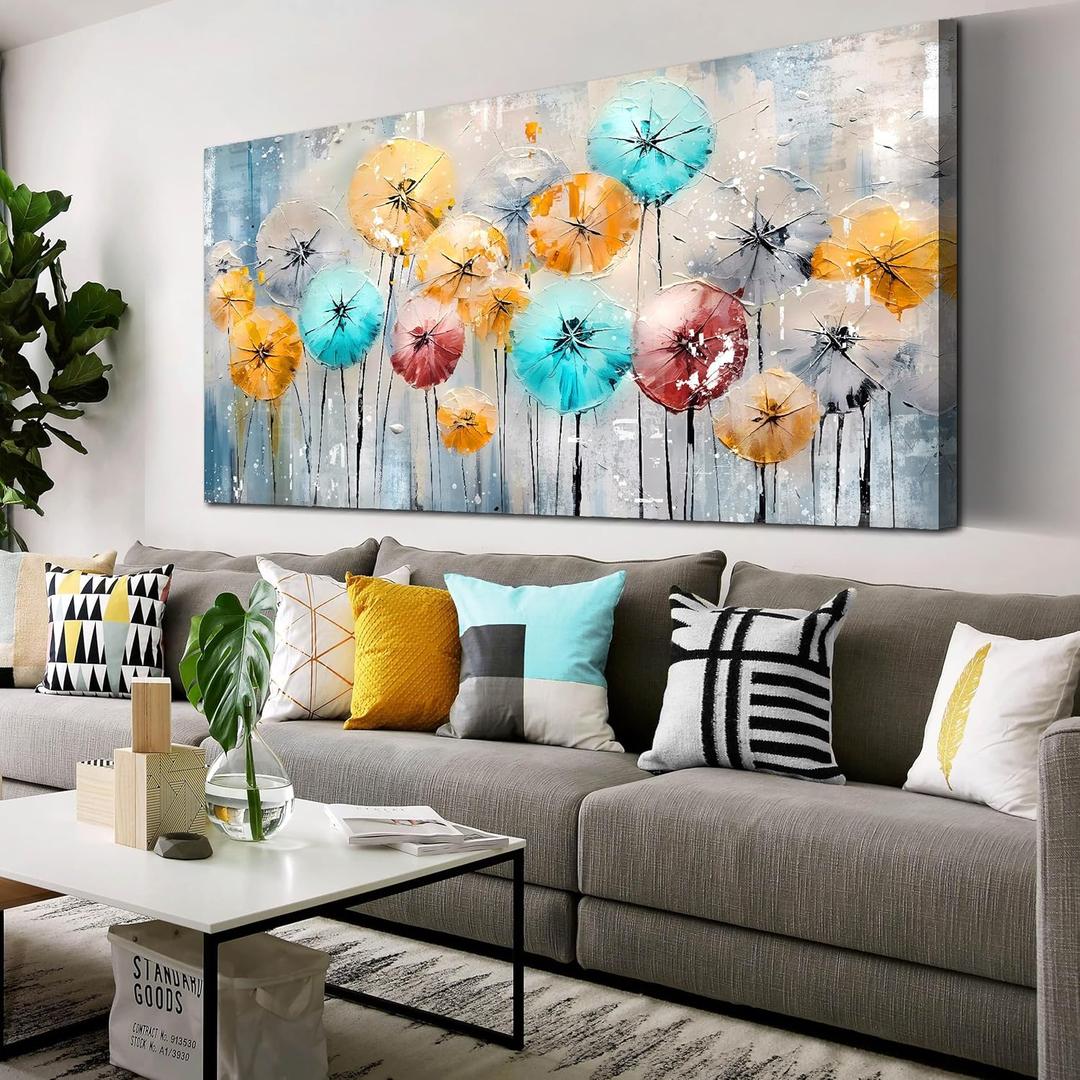 ENTANUB Dandelion Wall Art for Living Room, Flower Canvas Wall Picture for Bedroom, Colorful Print Painting Decor, Large Size 60x30 Inches (59L" x 29W")
