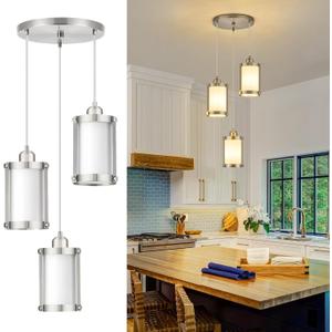 3-Light Pendant Lighting, Brushed Nickel Dining Room Chandelier Light Fixture Over Table with Milk Glass, Modern Cluster Hanging Lights for Kitchen Island Sink, OS-3014-3BNW
