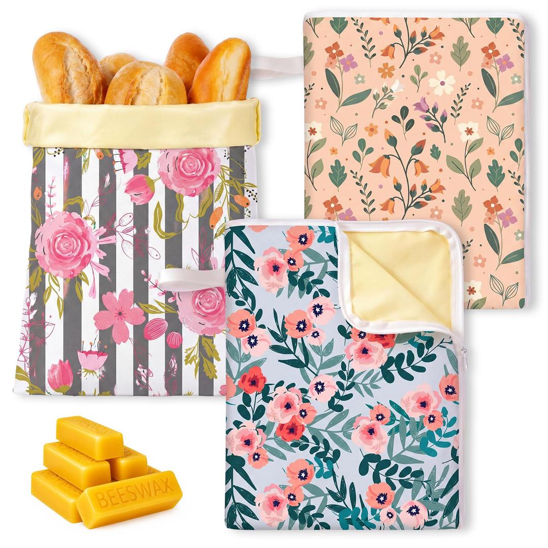2 x Reginary 3 Pack XL Beeswax Bread Bags for Homemade Bread 17x13 Inch Reusable Organic Linen Cotton Beeswax Sourdough Bag with L-shaped Zipper Seal to Keep Fresh(Floral Style)