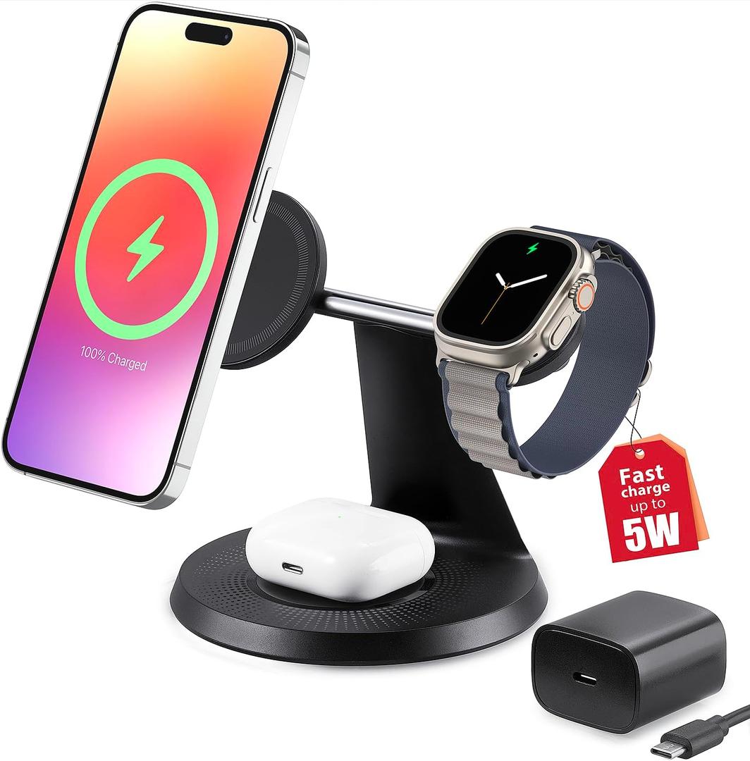 3 in 1 Wireless Charging Station for Apple Device: Fast Charging Station for iPhone and Watch with MagSafe, Stable Charger Stand for iPhone 12-16 & iWatch & AirPods (Black)