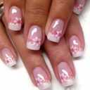 Pink French Tip Short Press on Nails Square Fake Nails with Flower Designs, Cute Press ons Daisy Acrylic Nail Glossy Spring Summer Glue on Nail Pink Stick on FalseNail for Women and Girls, 24Pcs
