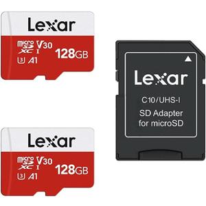 Lexar E-Series 128GB Micro SD Card 2 Pack, microSDXC UHS-I Flash Memory Card with Adapter, 100MB/s, C10, U3, A1, V30, Full HD, 4K UHD, High Speed TF Card