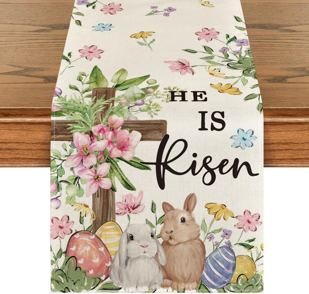 Artoid Mode Bunny Rabbits Eggs He is Risen Easter Table Runner, Seasonal Spring Kitchen Dining Table Decoration for Home Party Decor 13x120 Inch