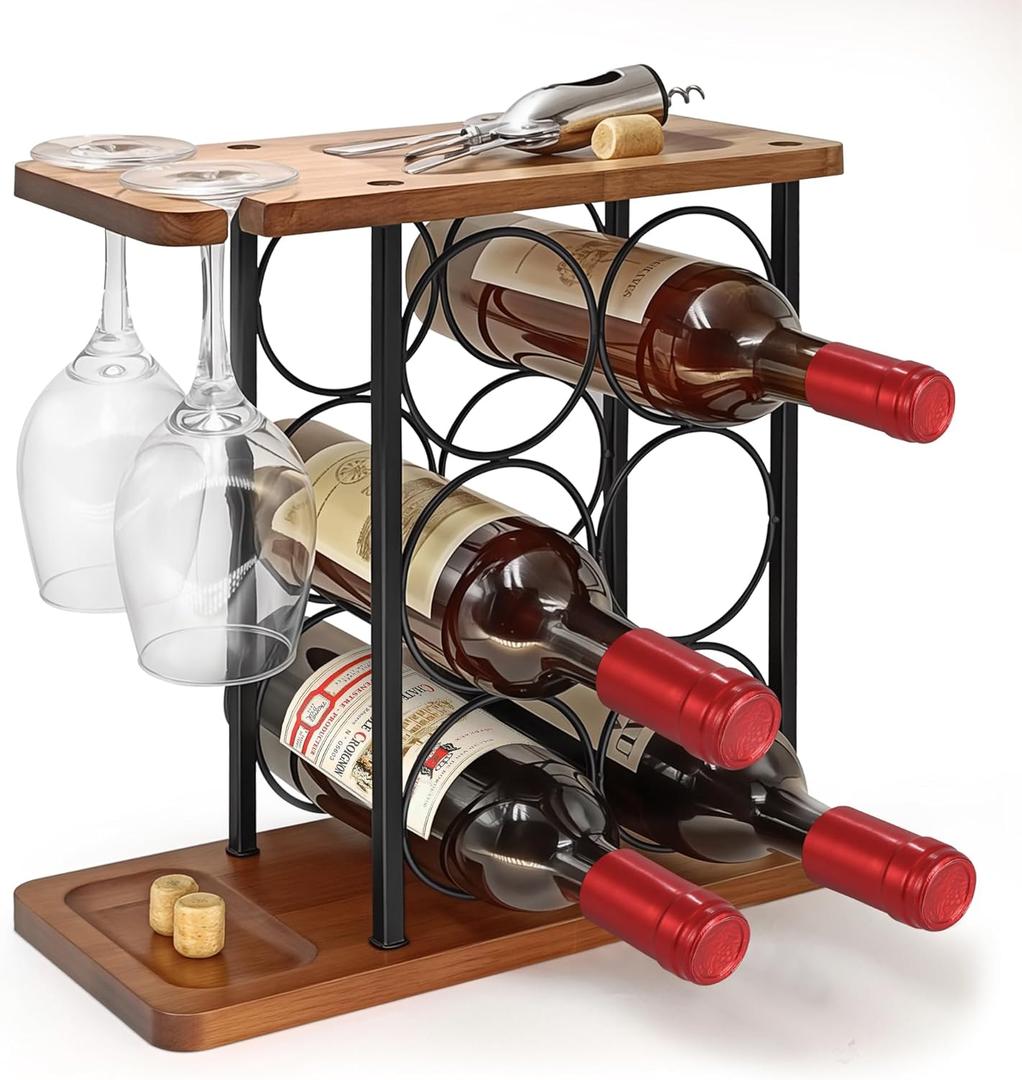 Megier Wooden Racks Countertop with Tray, Bottle Holder for 6 Bottles & 2 Glasses, Perfect for Kitchen, Bar, Table, Cabinet, Cellar