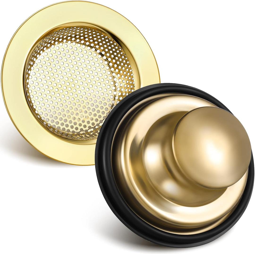 Retisee 2 Pcs Kitchen Sink Drain Strainer Stopper Set Stainless Steel Drain Catcher and Cover Large Wide Rim 4.5 Diameter Sink Basket Garbage Disposal Plug for Standard 3 1/2 Inch(Gold)