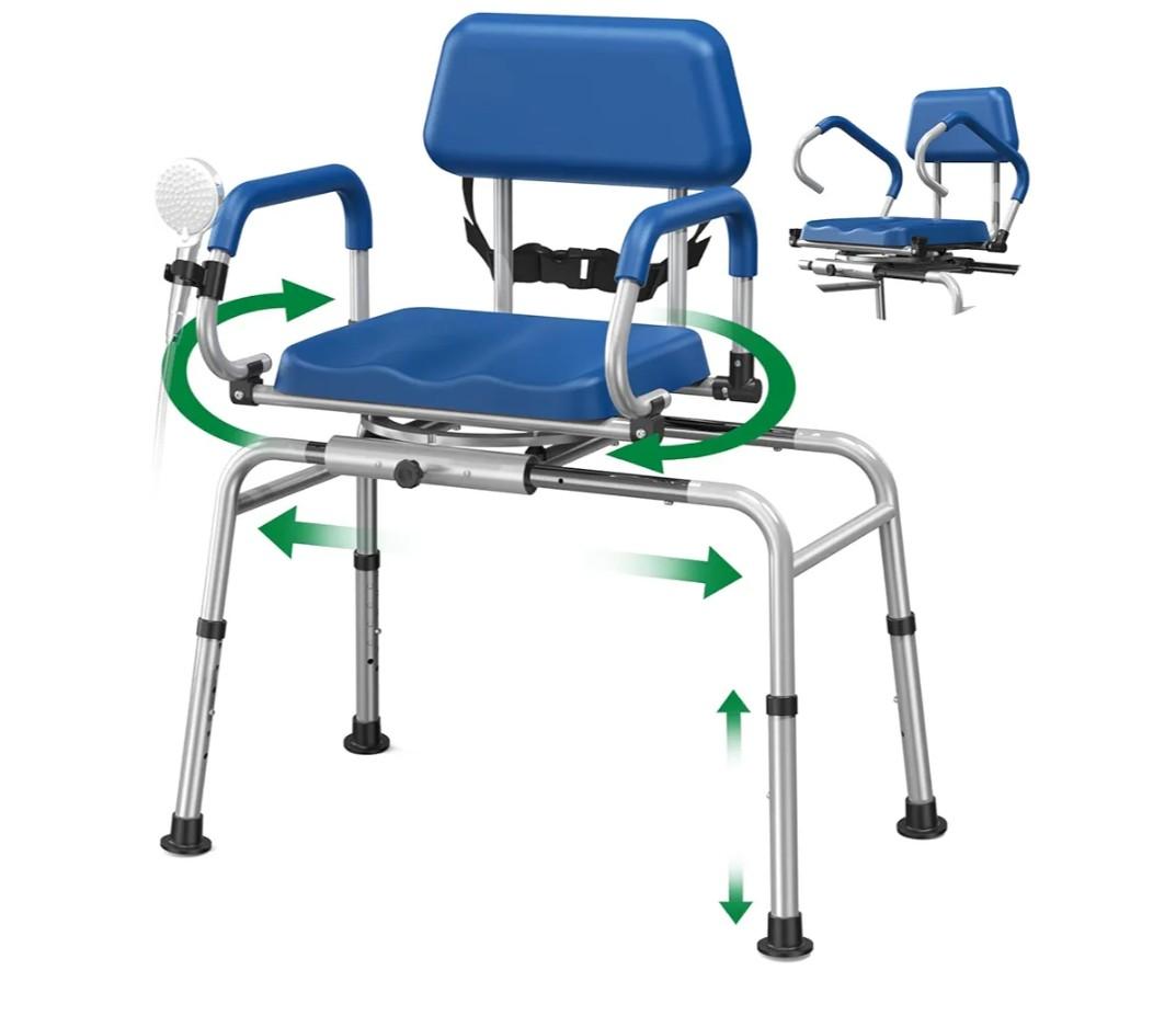 FSA/HSA Eligible Sliding Shower Chair Tub Transfer Bench for Bathtub with Swivel Seat, Padded Shower Bench with Pivoting Arms, Height Adjustable Shower Seat, 350 lbs, Blue, Standard