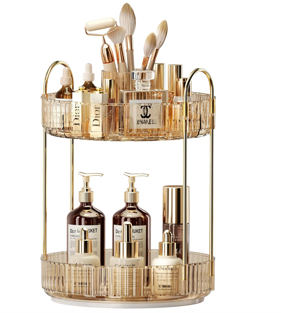 COMVTUPY 360° Rotating Makeup Organizer - Large Capacity Makeup Skincare Perfume Organizer Bathroom Organizer for Countertop Amber 2 Tier