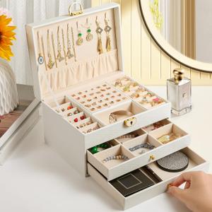 3 Layer Jewelry Box, Lockable Jewelry Holder Organizer with Jewelry Drawer, Large Jewelry Boxes & Organizer with Velvet Earring Storage, Unique Gifts for Women Mom (White)