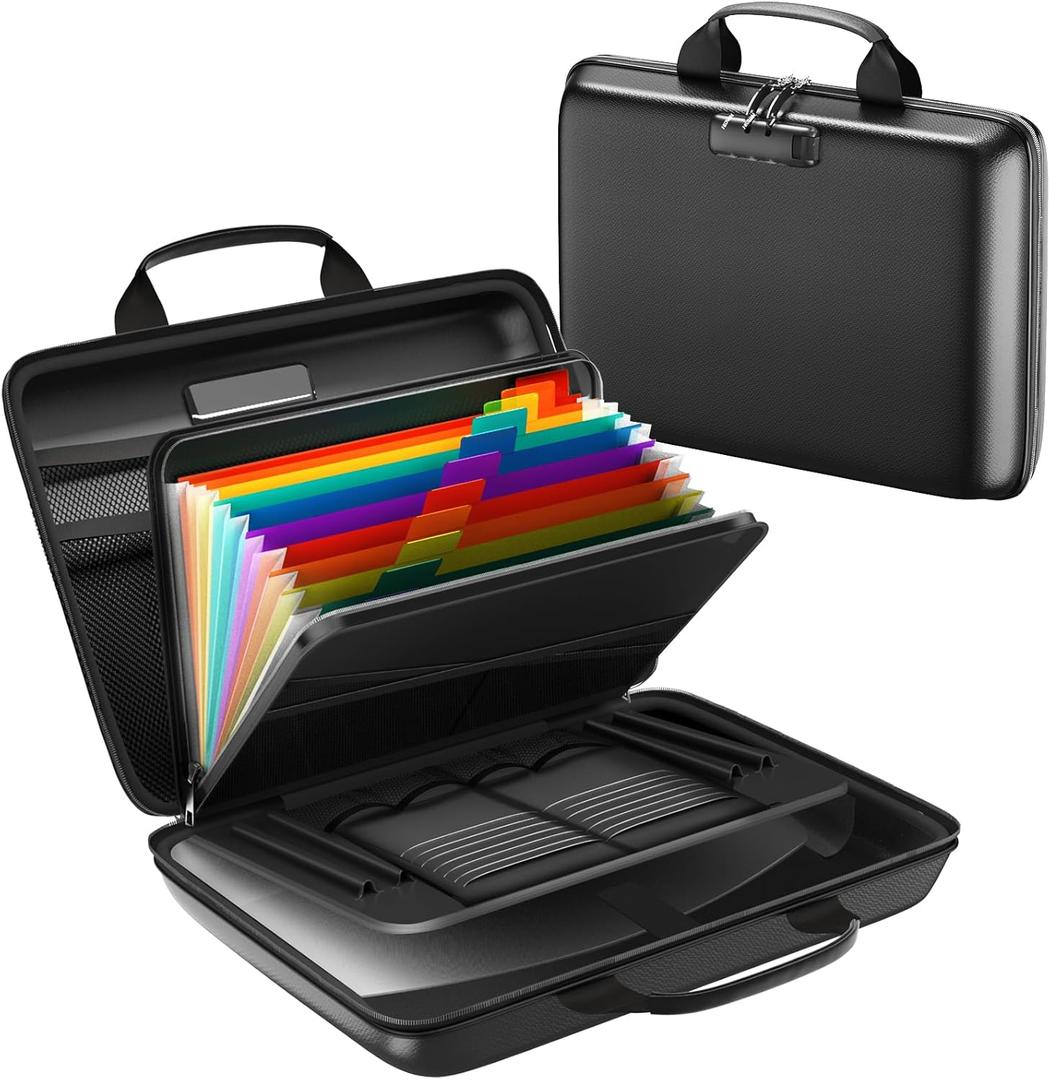 HIBWN Fireproof Document Box, Hard Case Fireproof File Organizer with Lock and 13 Pocket Accordion File Folder, Portable Safe Box for Home Office Travel to Storage Important Documents Laptop Black