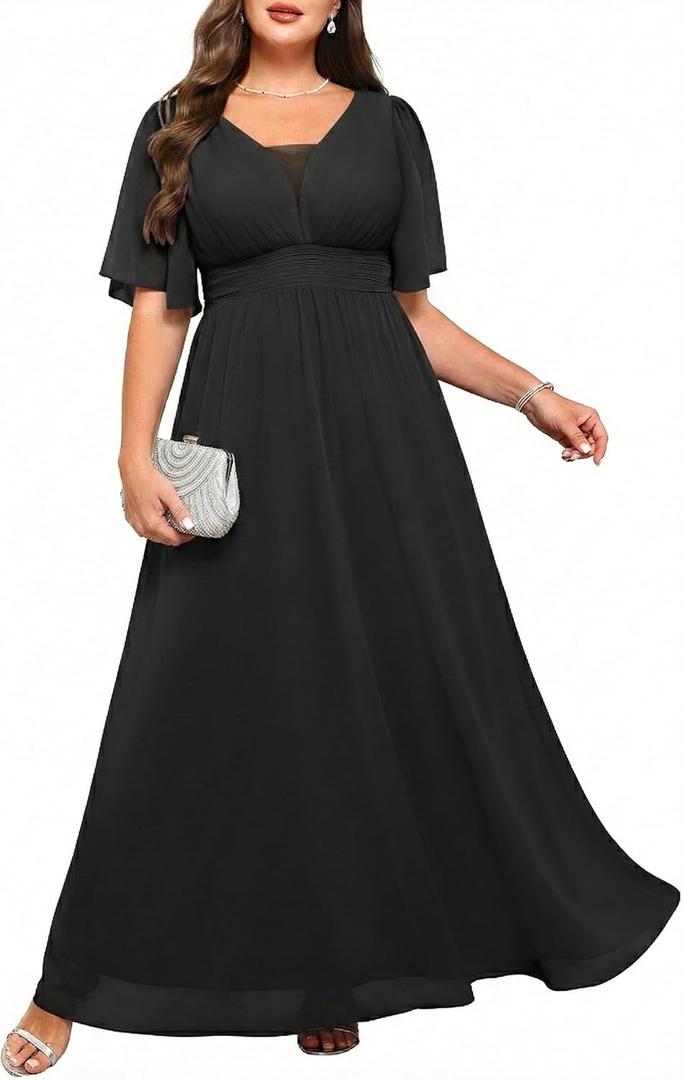 Plus Size Formal Dresses - V Neck Flutter Sleeves Evening Gowns Bridesmaid Wedding Guest Chiffon Long Maxi Dress (Black, XXL)