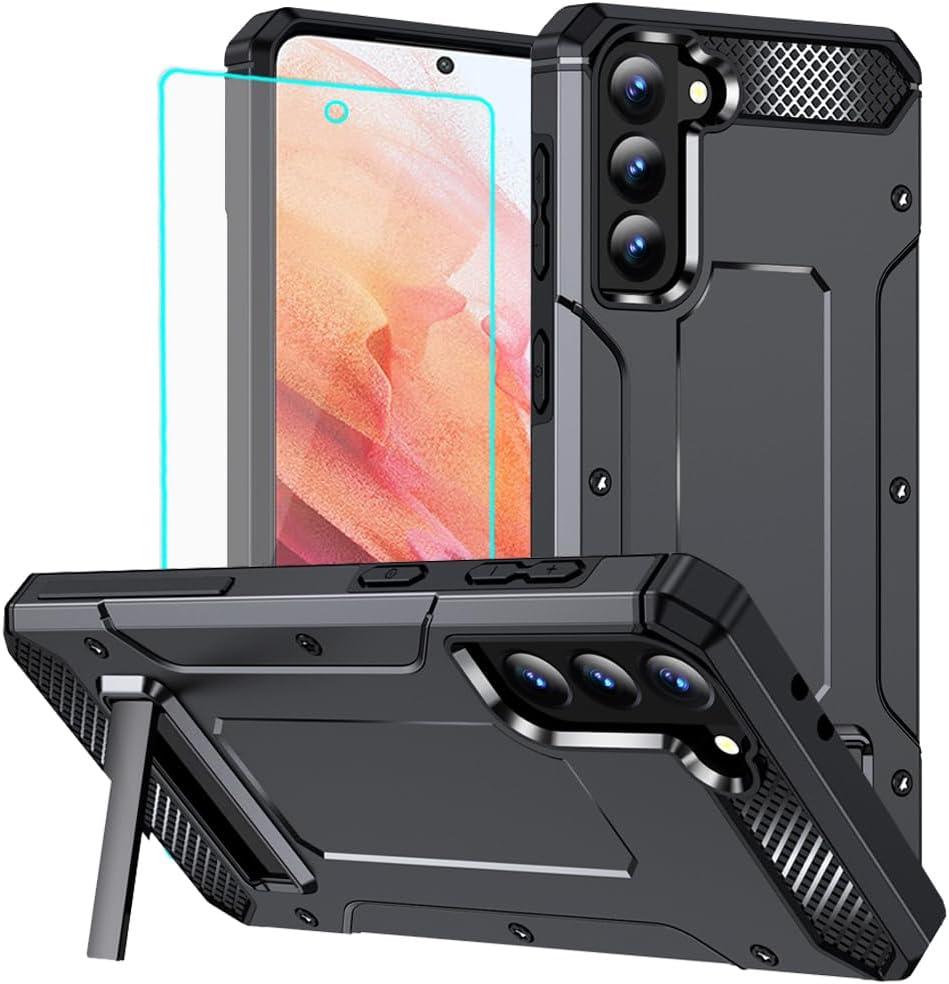 for Samsung S21 Case: Galaxy S21 Case with Screen Protector, Military Grade (Heavy Duty) 360 Rotatable Kickstand Shockproof Protective Cases for Samsung Galaxy S21 (Black)