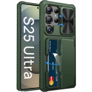 Vihibii for Samsung Galaxy S25 Ultra Wallet Case, Built-in Card Holder (4 Cards), [RFID Blocking] & Slide Lens Cover, Military Grade Drop Protection, Phone Case for Samsung Galaxy S25 Ultra, Green
